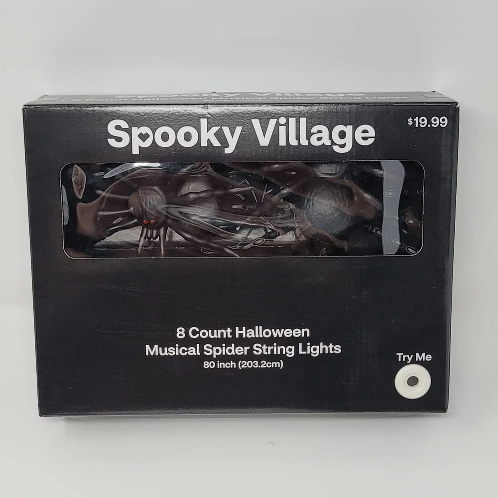 Spooky Village 8 Count Halloween Musical Spider 80 inch String Lights Black Cord